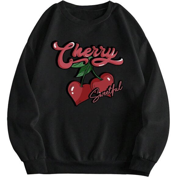 ⚡Women Black Cherry Imported Graphic Crewneck Long Sleeve Pullover Sweatshirt - Picture 1 of 5